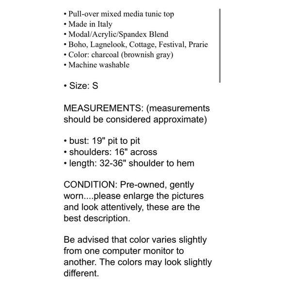 Tempo Paris Tunic Top  Women's S  Boho Lagnelook Charcoal Knit w Woven Ruffle - Picture 8 of 8